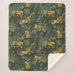 Jungle Jaguar Green Monstera Leaves Pattern Sherpa Blanket