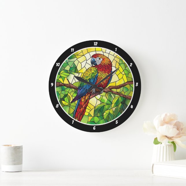 Jungle Jewel" - Stained Glass Parrot  Large Clock (Home)