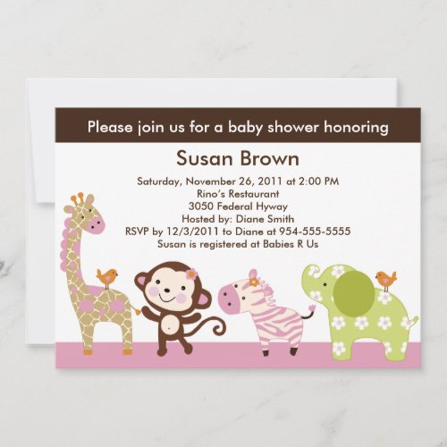 Jungle Jill /Girl Animals Baby Shower Invitation