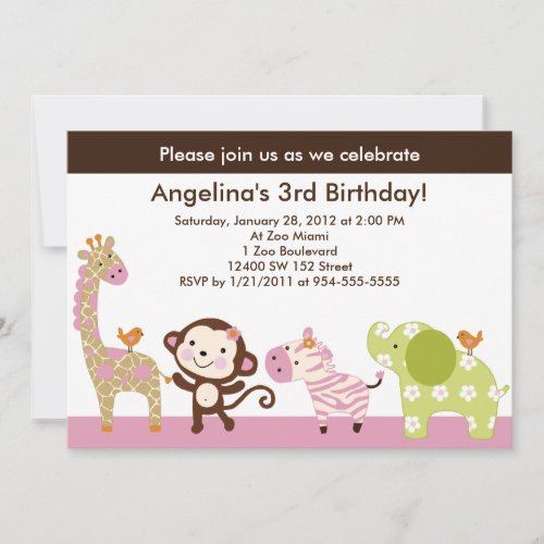 Jungle Jill /Girl Animals Birthday Invitation