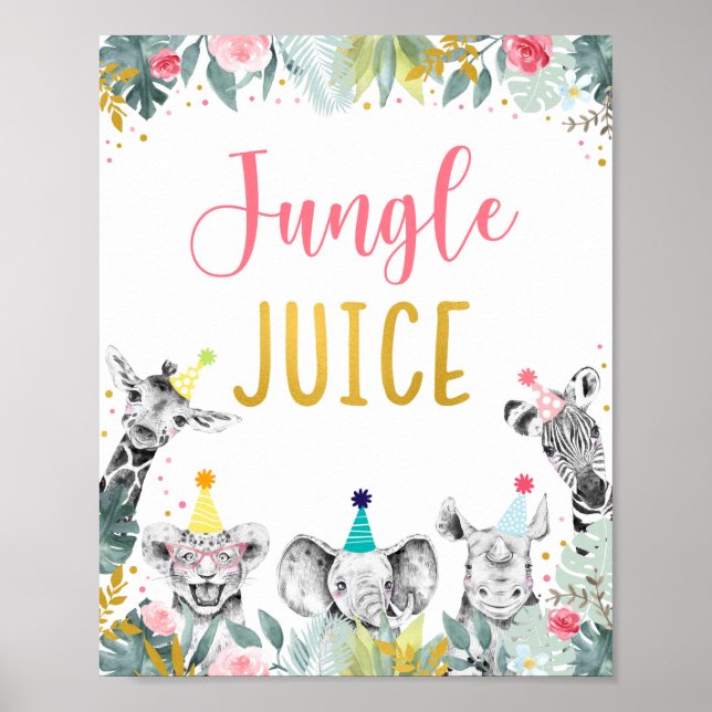 Jungle Juice Pink Gold Party Animal Birthday Sign (Front)