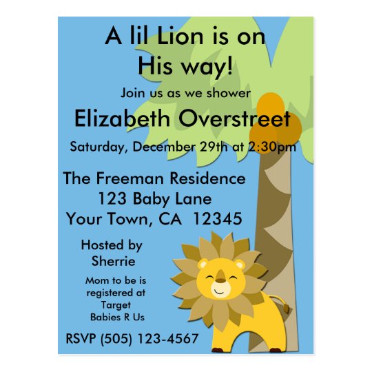 Jungle King Lion Baby Shower Blue Sky Zoo Safari Postcard