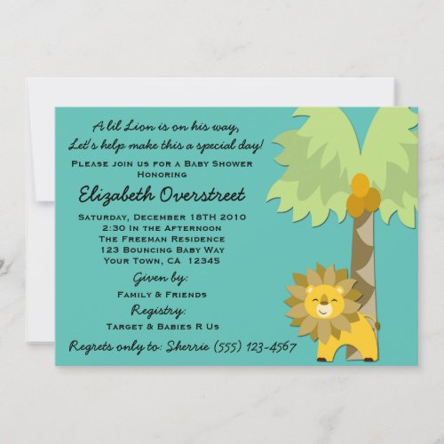 Jungle King Lion Teal Boy Baby Shower Zoo Safari Custom Invite