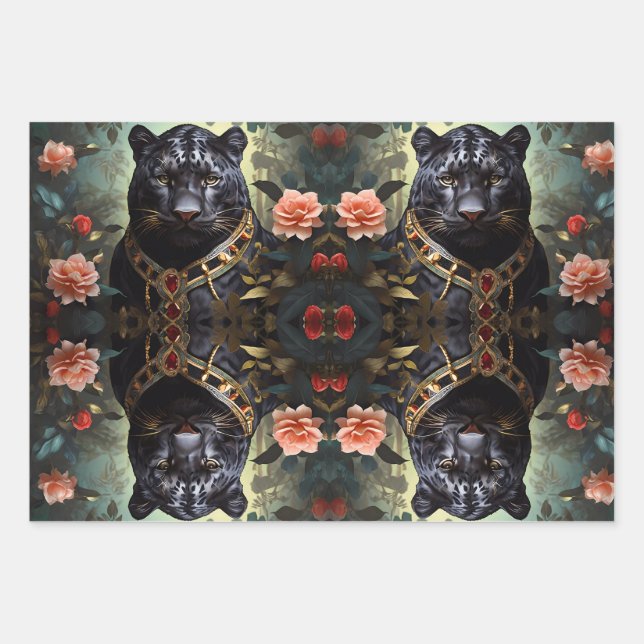 Jungle king majestic lion panther & tiger wrapping paper sheets (Front)