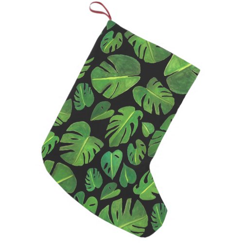 Jungle Leafy Green Monstera Leaves Painting Small Christmas Stocking