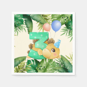 Jungle Leaves Cute Dinosaur 3rd Birthday Party Napkins