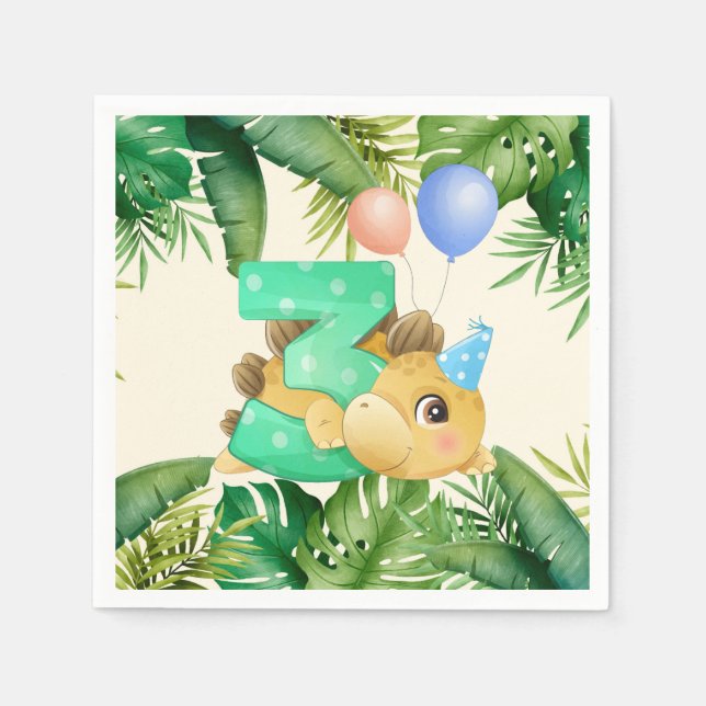 Jungle Leaves Cute Dinosaur 3rd Birthday Party Napkins (Front)