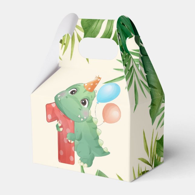 Jungle Leaves Dinosaur 1st Birthday Party  Favor Boxes (Front Side)