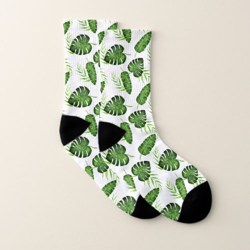 Jungle Leaves Monster Palm Tropical Watercolor Socks