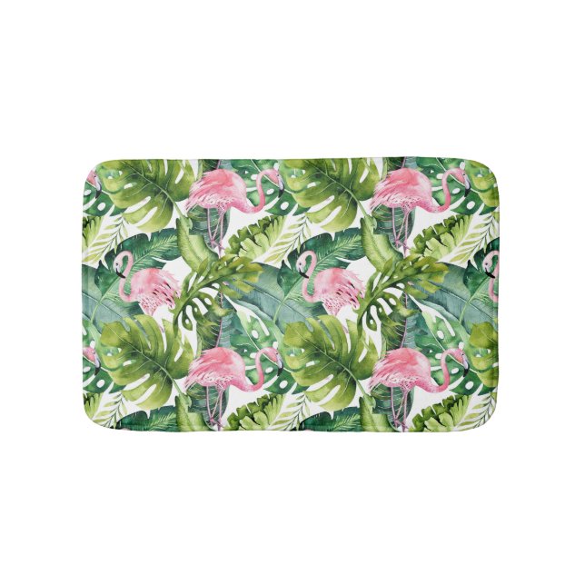 Jungle Leaves Pink Flamingo Bath Mat (Front)
