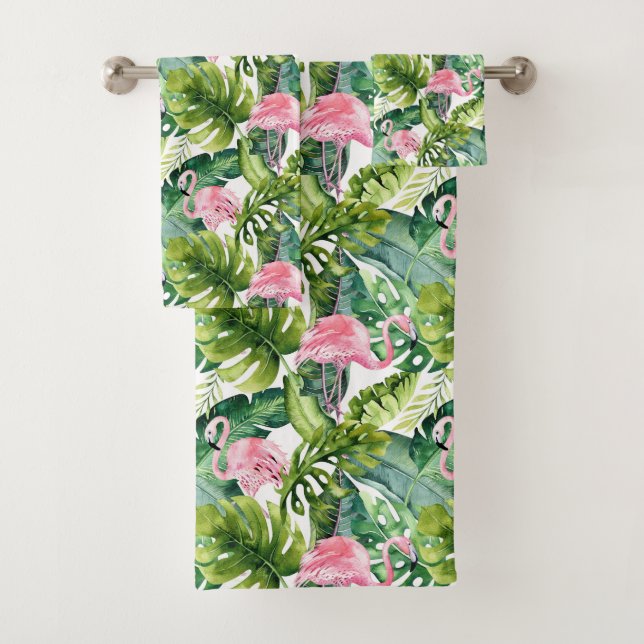 Jungle Leaves Pink Flamingo Bath Towel Set (Insitu)