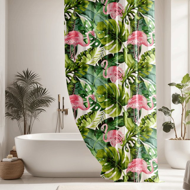 Jungle Leaves Pink Flamingo Shower Curtain (Creator Uploaded)