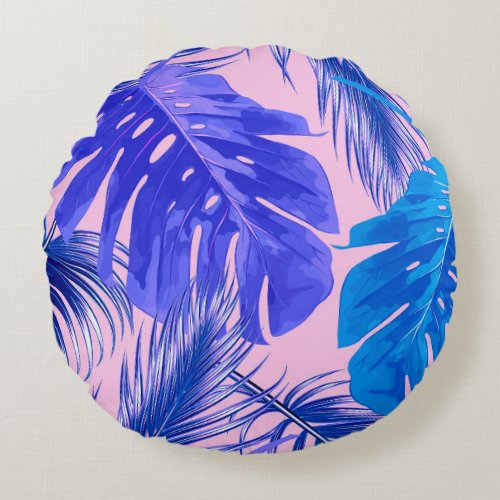 Jungle Leaves Seamless Tropical Pattern Round Pillow
