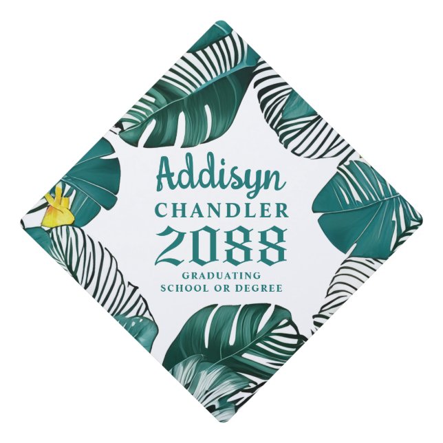 Jungle Leaves Tropical Monstera Plant Lover Graduation Cap Topper (Front)