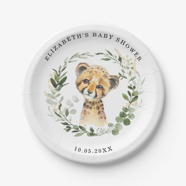 Jungle Leopard Baby Cheetah Greenery Gold Shower Paper Plates (Front)