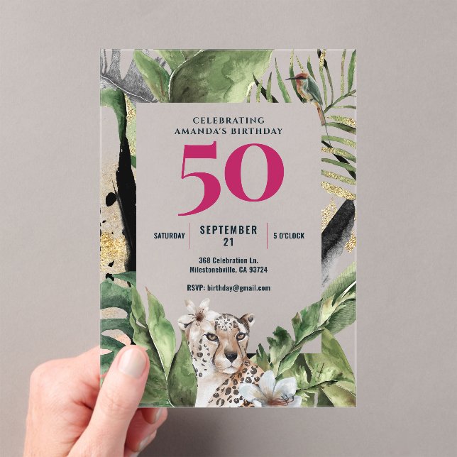 Jungle Leopard Pink 50th Birthday Party  Acrylic Invitations (Insitu (Handheld))