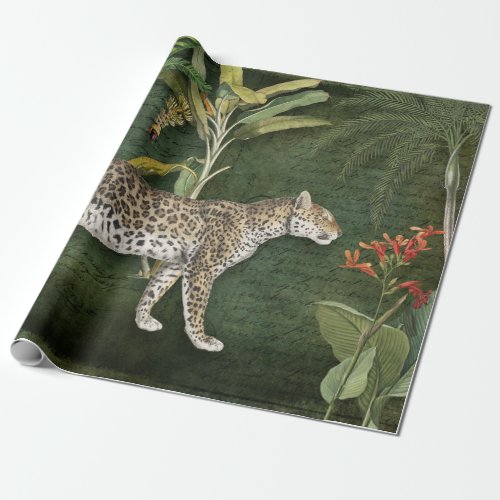 Jungle Leopard Tropical Floral n Foliage Decoupage Wrapping Paper