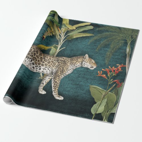 Jungle Leopard Tropical Floral Teal Blue Decoupage Wrapping Paper