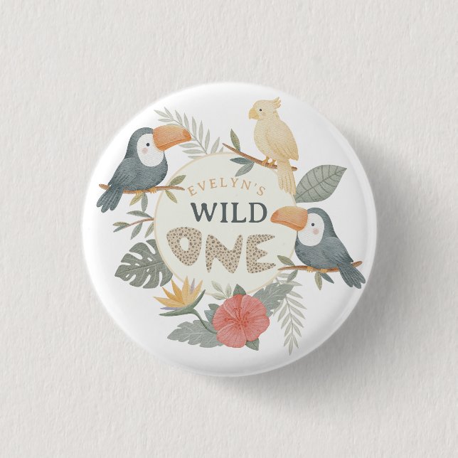 Jungle Leopard Tropical Toucan First Birthday Button (Front)