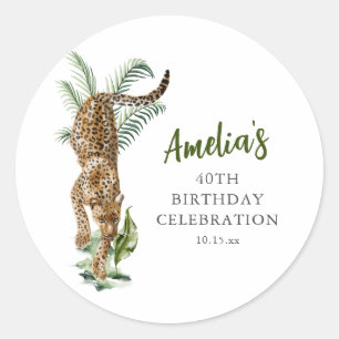 Jungle Leopard Watercolor 40th Birthday Party Name Classic Round Sticker