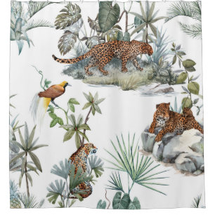 Jungle Leopard Watercolor Tropical Scene Shower Curtain