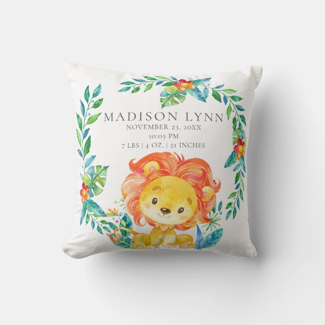 Jungle Lion Baby Birth Stats Pillow (Front)