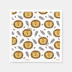 Jungle Lion Pattern with Kids Name Birthday Napkins