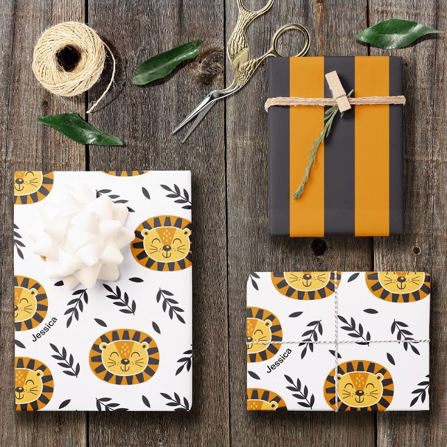 Jungle Lion Pattern with Kids Name Birthday Wrapping Paper Sheets (Creator Uploaded)