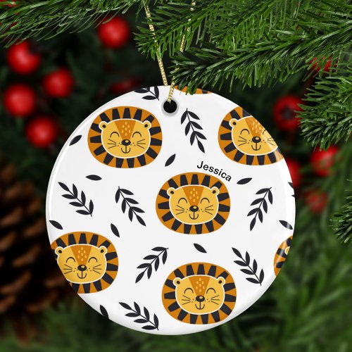Jungle Lion Pattern with Kids Name Christmas Ceramic Ornament