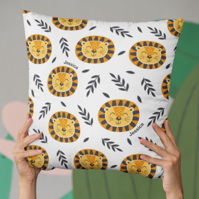 Jungle Lion Pattern with Kids Name Throw Pillow (Creator Uploaded)