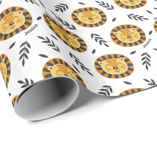 Jungle Lion Pattern with Kids Name Wrapping Paper