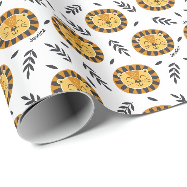Jungle Lion Pattern with Kids Name Wrapping Paper (Roll Corner)