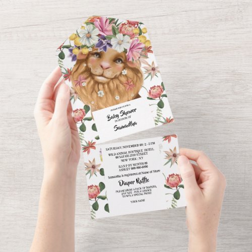 Jungle lion watercolor baby shower girls boys all in one invitation