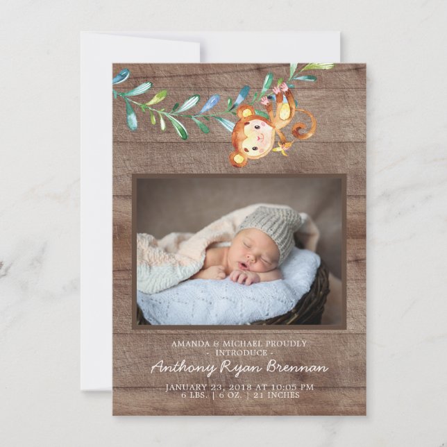 Jungle Little Monkey  Photo Birth Announcement (Front)