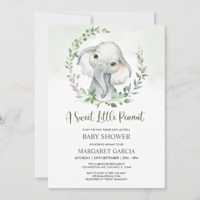 Jungle Little Peanut Greenery Elephant Baby Shower Invitation (Front)