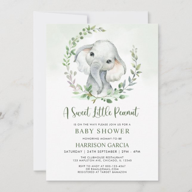 Jungle Little Peanut Greenery Elephant Baby Shower Invitation (Front)