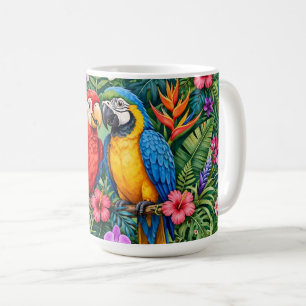 Jungle Macaws Cheerful Parrots Vibrant Flowers  Coffee Mug