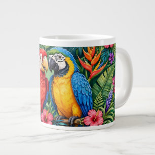 Jungle Macaws Cheerful Parrots Vibrant Flowers  Giant Coffee Mug