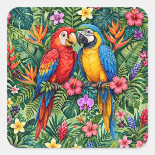 Jungle Macaws Cheerful Parrots Vibrant Flowers  Square Sticker
