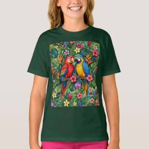 Jungle Macaws Cheerful Parrots Vibrant Flowers  T-Shirt