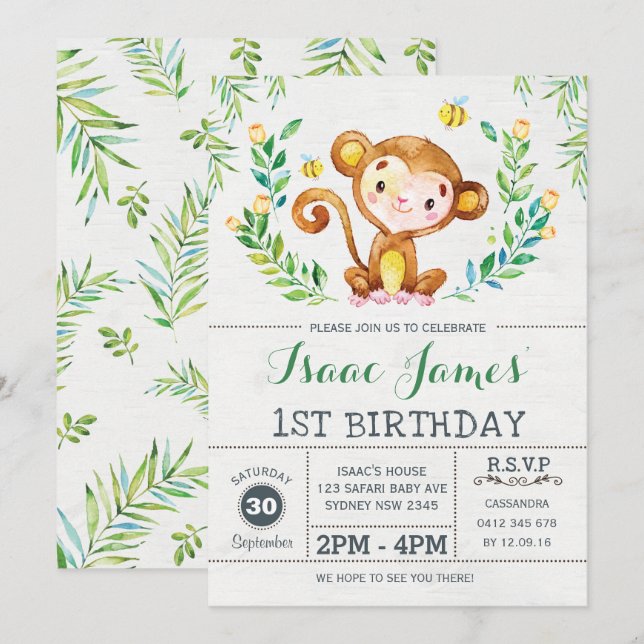 Jungle Monkey Birthday Party Invite Safari Invite (Front/Back)