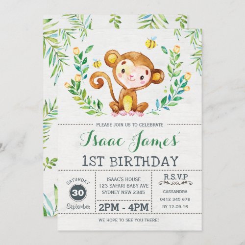 Jungle Monkey Birthday Party Invite Safari Invite