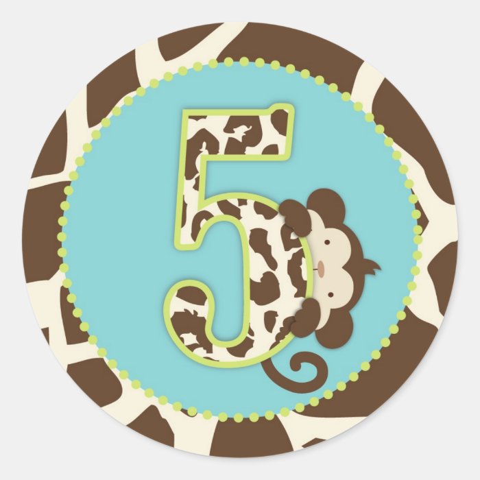 Jungle Monkey Fifth Birthday Cupcake Topper Blue Stickers
