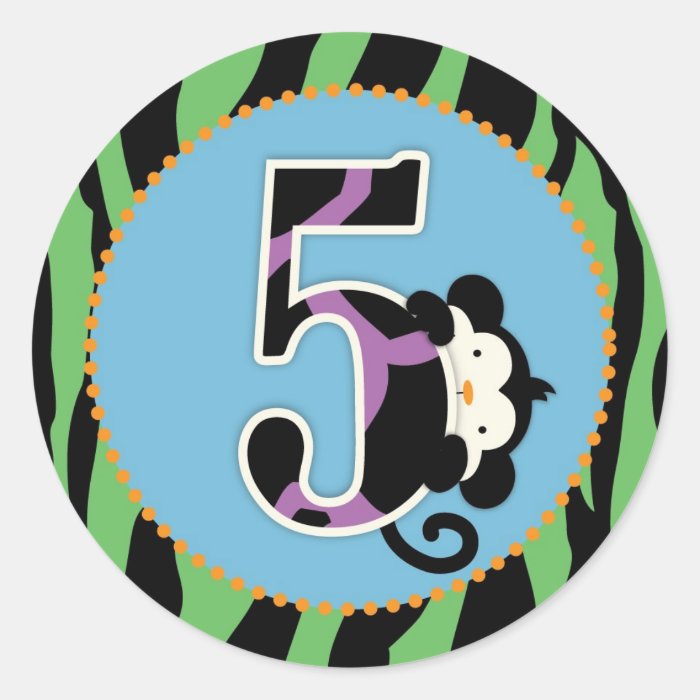 Jungle Monkey Fifth Birthday Cupcake Topper Wild Round Stickers