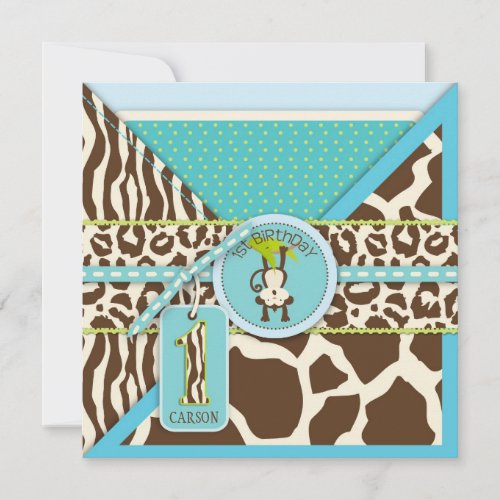 Jungle Monkey First Birthday Invitation Blue