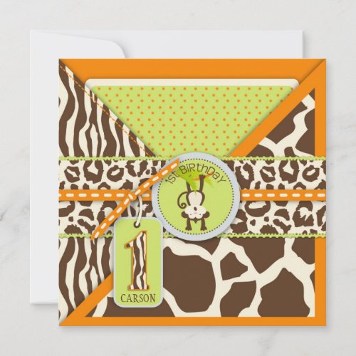 Jungle Monkey First Birthday Invitation Orange