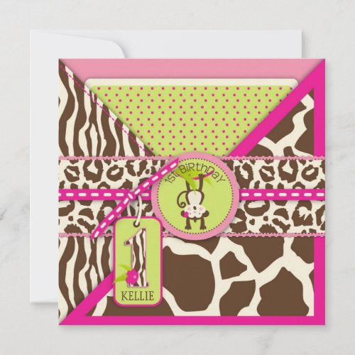 Jungle Monkey First Birthday Invitation Pink