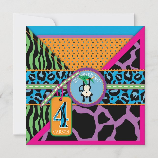Jungle Monkey Fourth Birthday Invitation Wild (Front)