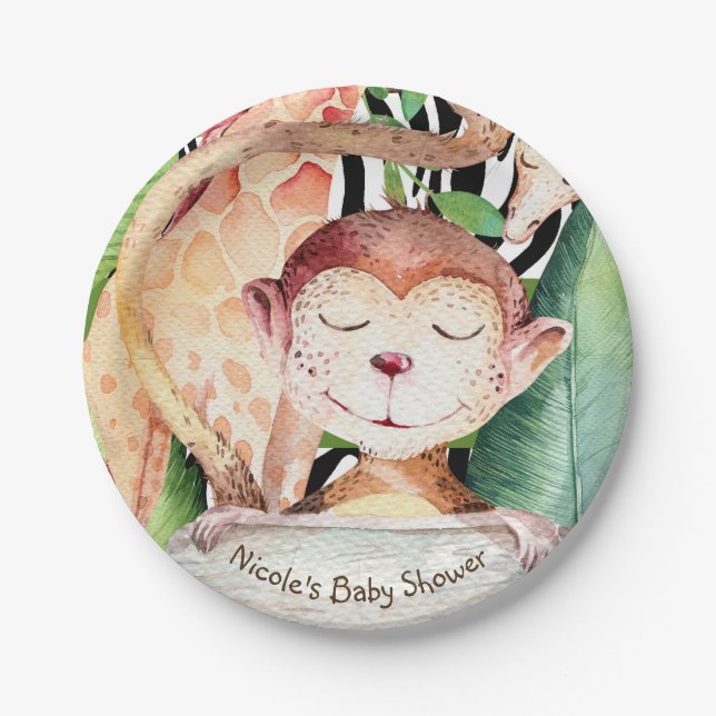 Jungle Monkey & Giraffe Baby Shower Animal Print Paper Plates (Front)