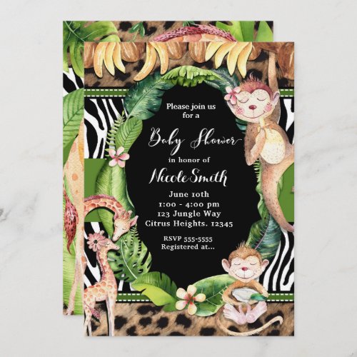 Jungle Monkey  Giraffe Baby Shower Invitations